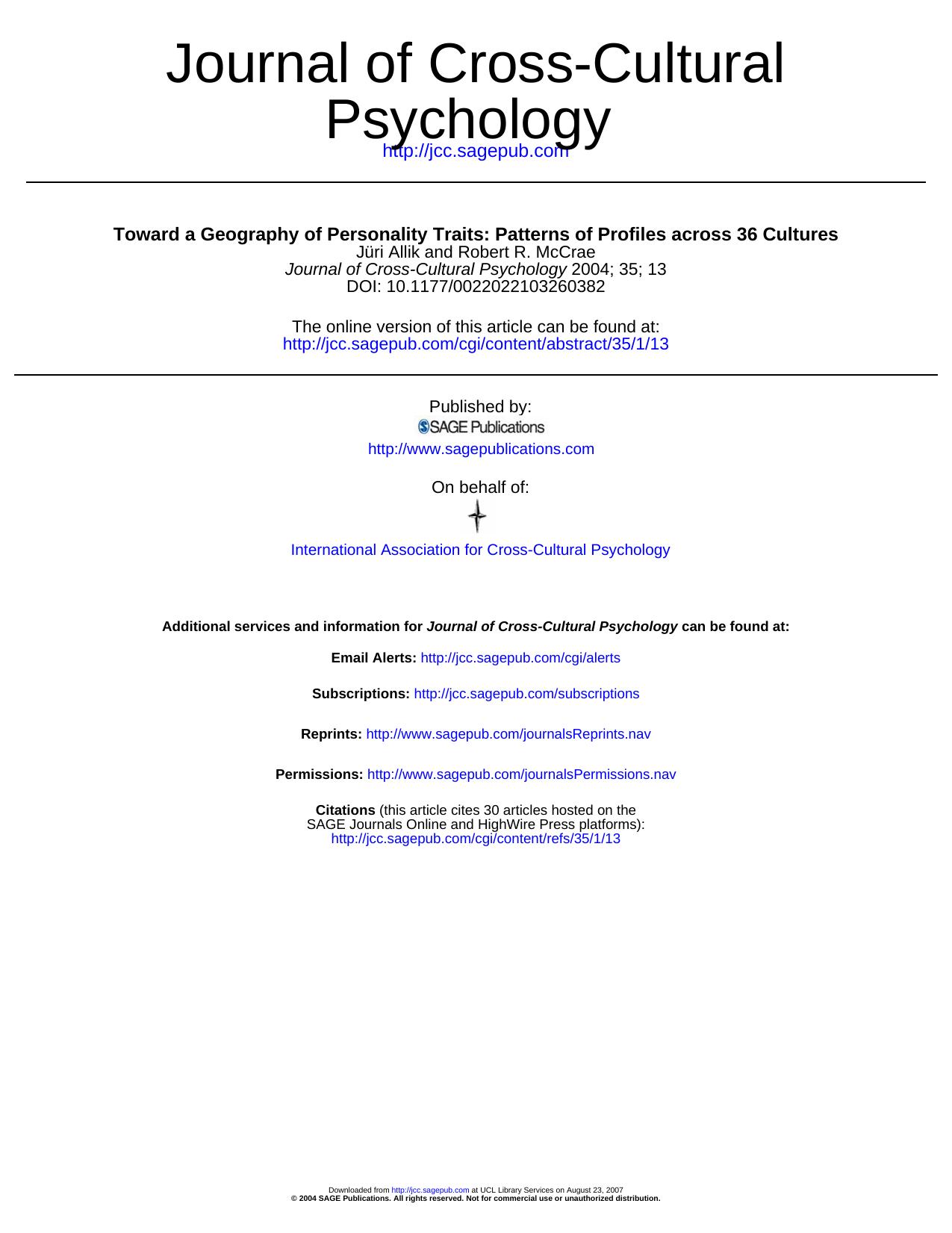 Toward a Geography of Personality Traits by Patterns of Profiles Across 36 Cultures (2004) by Jüri Allik & Robert R. McCrae