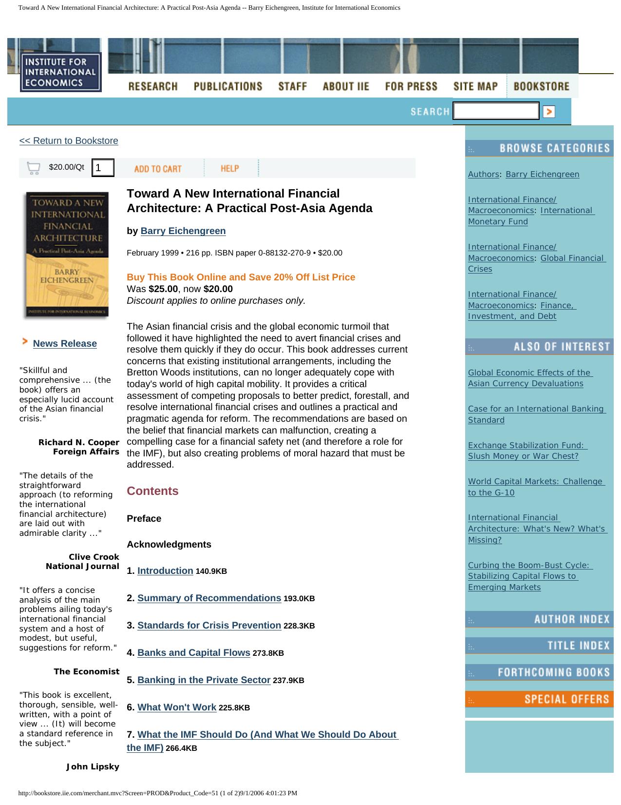 Toward a New International Financial Architecture: A Practical Post-Asia Agenda by Barry J. Eichengreen