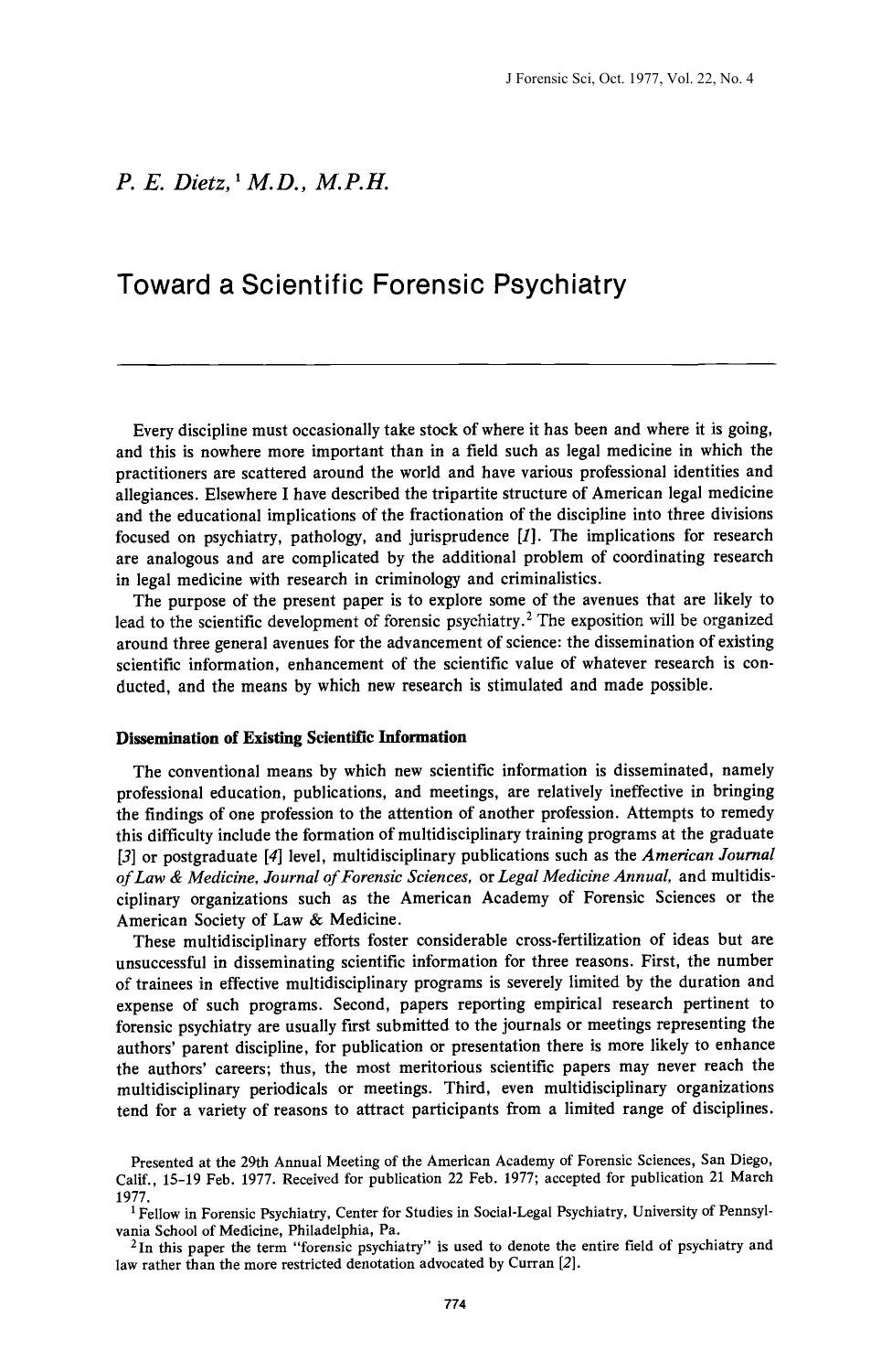 Toward a Scientific Forensic Psychiatry by Dietz PE