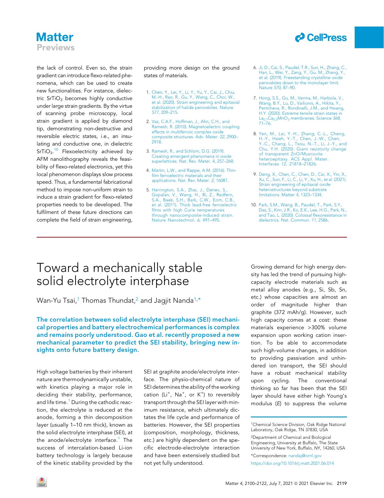 Toward a mechanically stable solid electrolyte interphase by Wan-Yu Tsai & Thomas Thundat & Jagjit Nanda