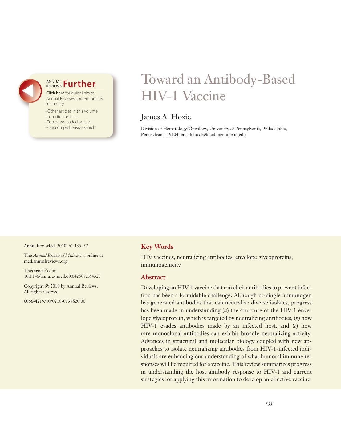Toward an Antibody-Based HIV-1 Vaccine by James A. Hoxie