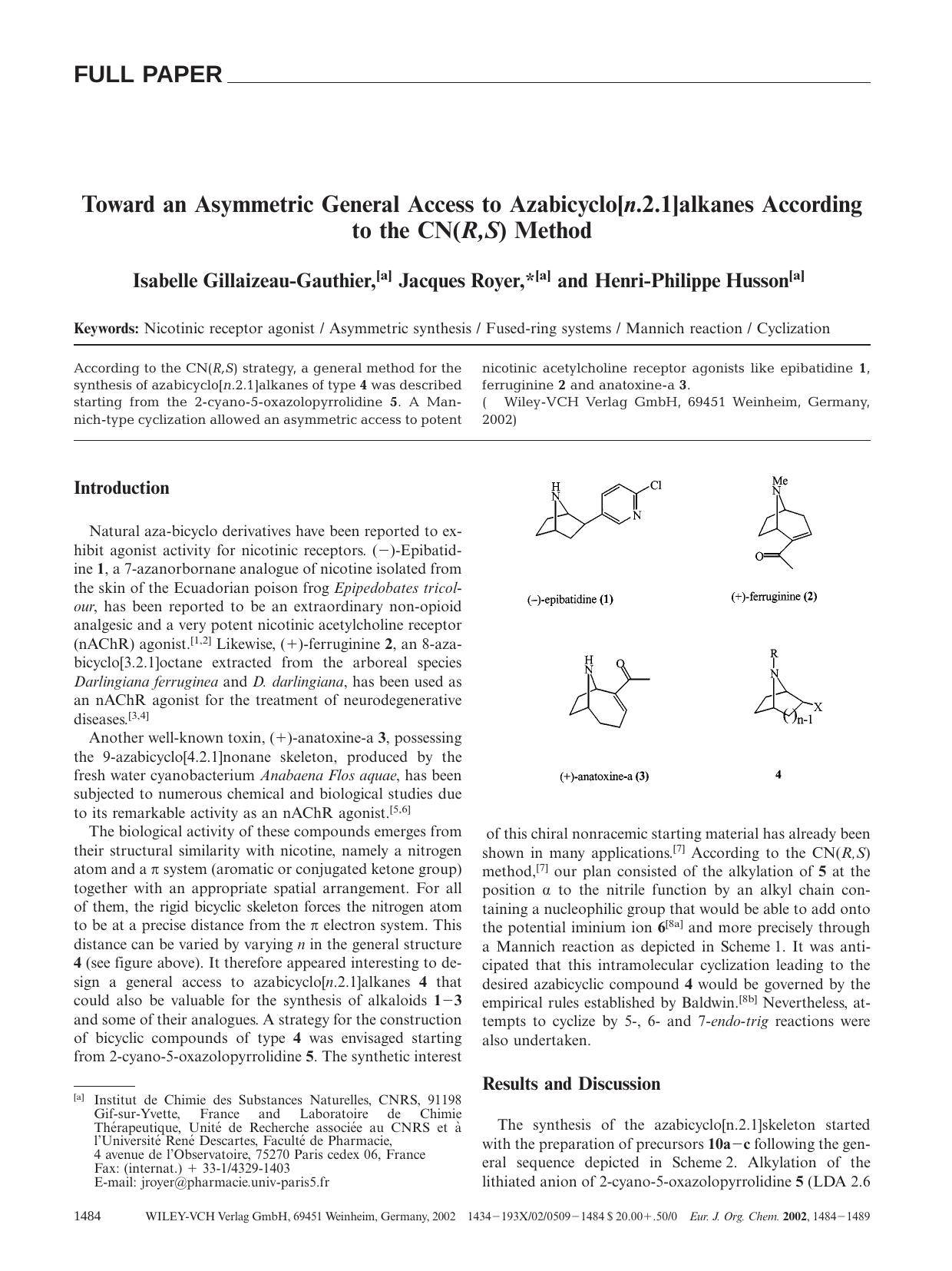 Toward an Asymmetric General Access to Azabicyclo[n.2.1]alkanes According to the CN(R,S) Method by Unknown