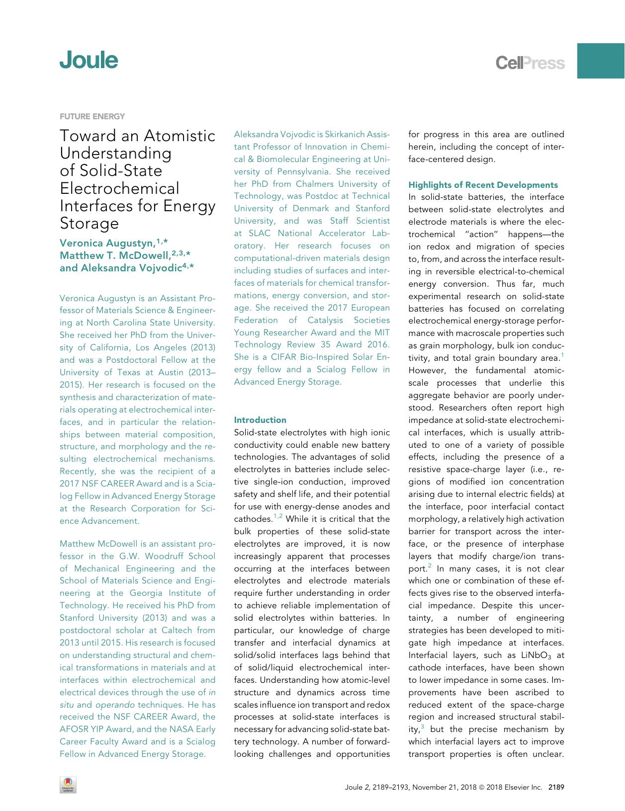Toward an Atomistic Understanding of Solid-State Electrochemical Interfaces for Energy Storage by Veronica Augustyn & Matthew T. McDowell & Aleksandra Vojvodic