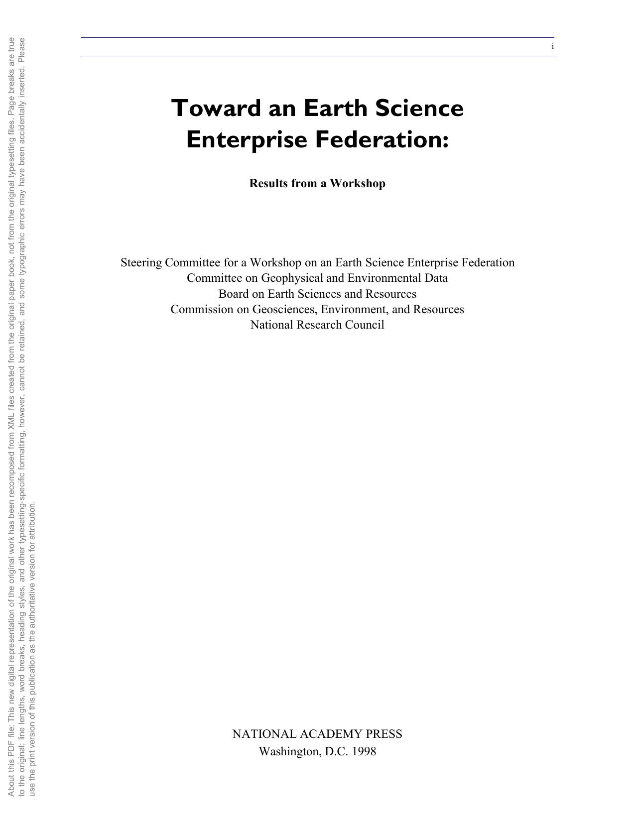 Toward an Earth Science Enterprise Federation: Results from a Workshop by National Research Council