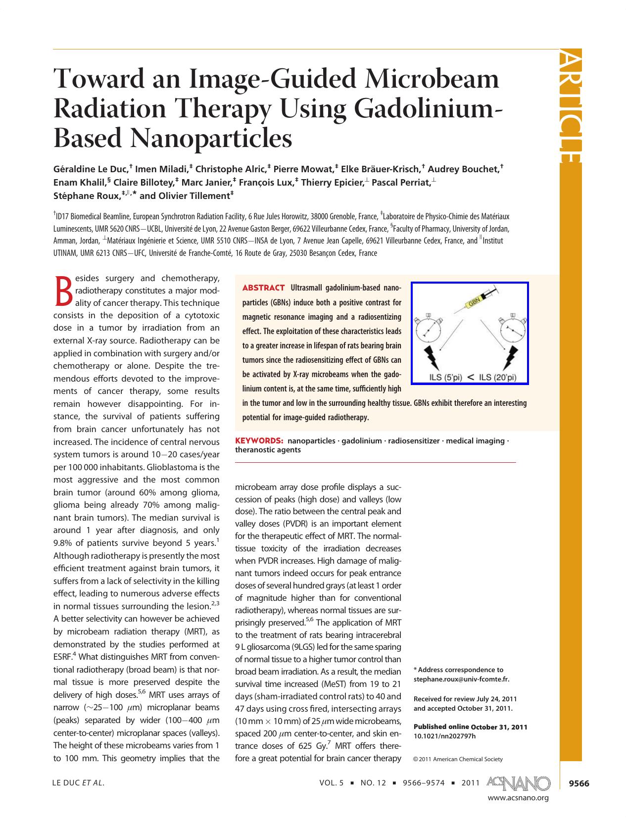 Toward an Image-Guided Microbeam Radiation Therapy Using Gadolinium-Based Nanoparticles by Unknown