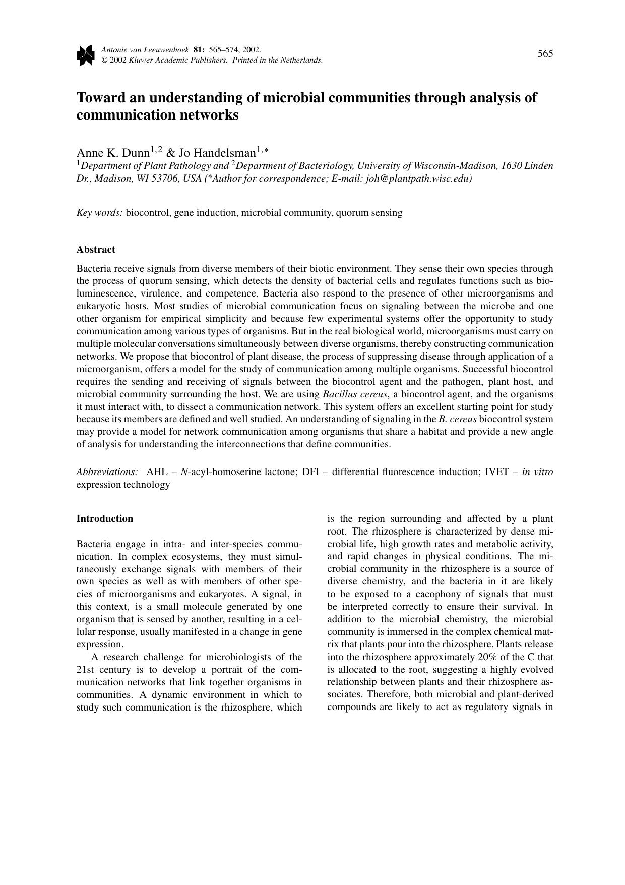 Toward an understanding of microbial communities through analysis of communication networks by Unknown