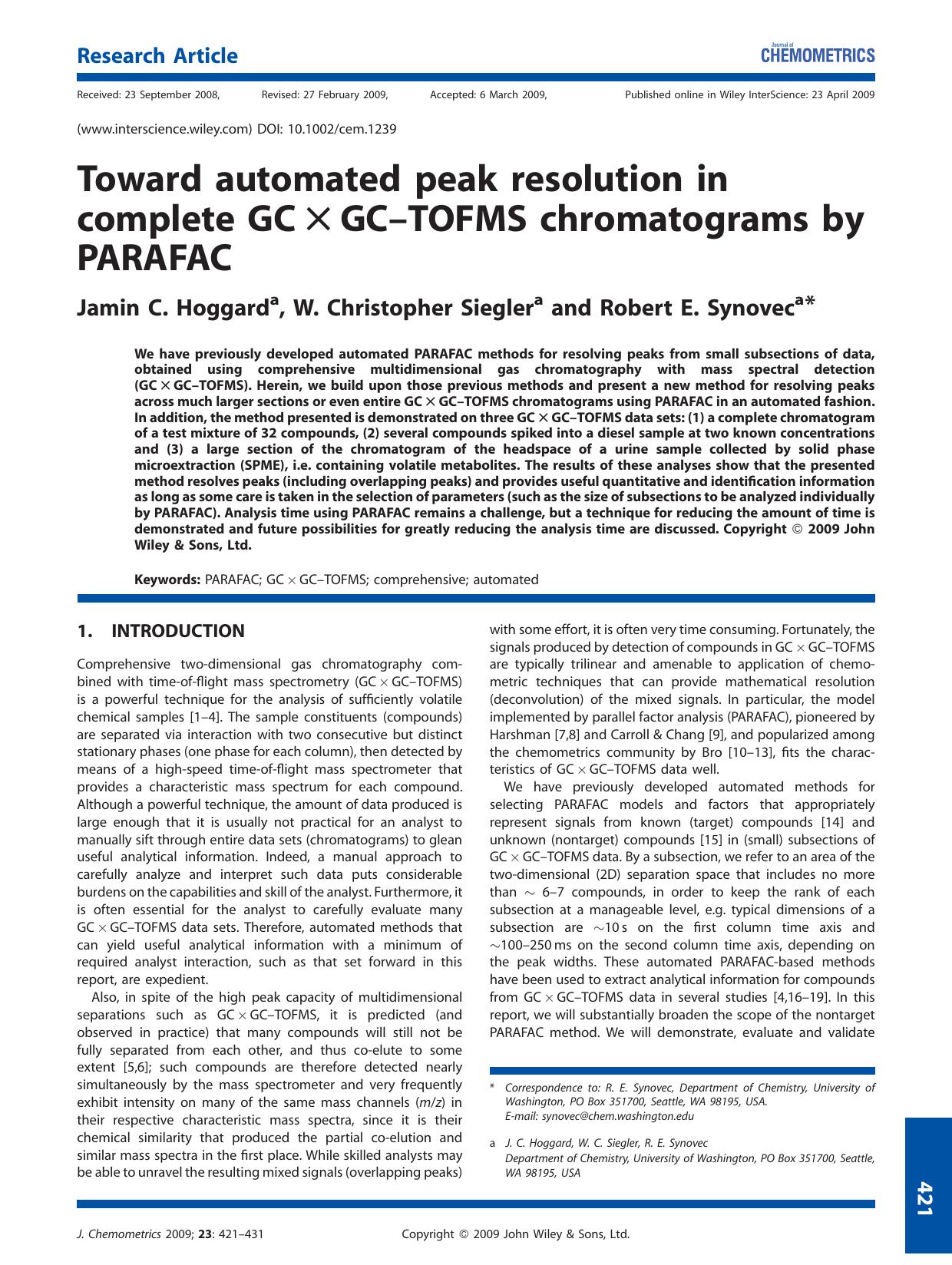 Toward automated peak resolution in complete GC[thinsp]Ã[thinsp]GC-TOFMS chromatograms by PARAFAC by Unknown