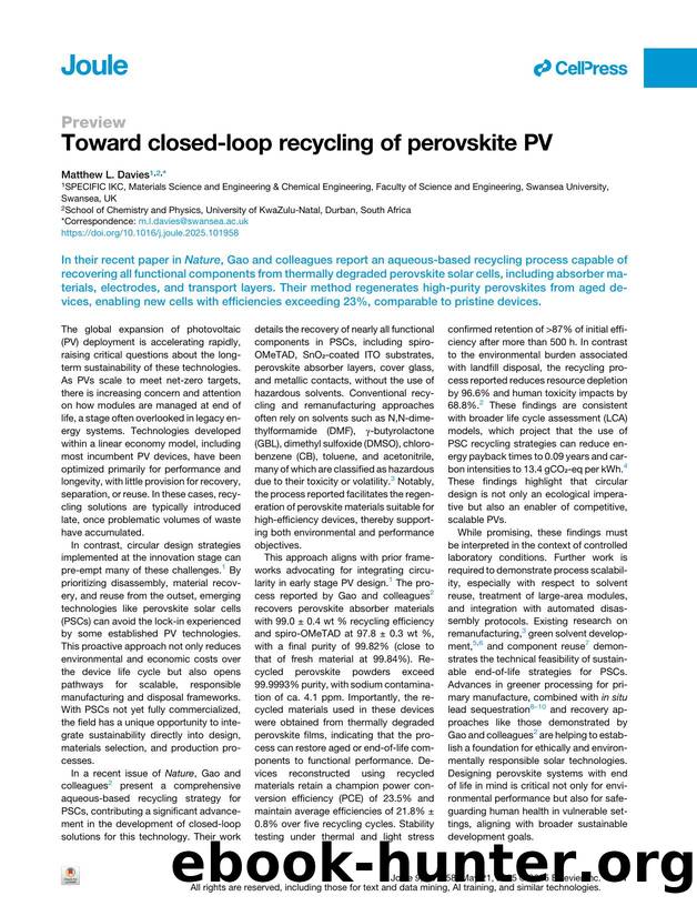Toward closed-loop recycling of perovskite PV by Matthew L. Davies