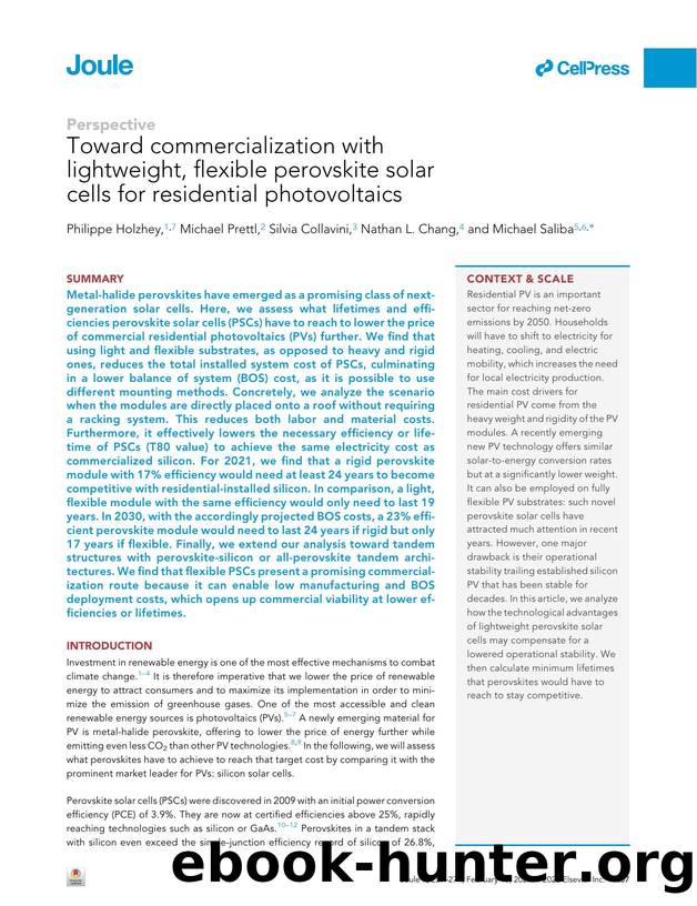 Toward commercialization with lightweight, flexible perovskite solar cells for residential photovoltaics by Philippe Holzhey & Michael Prettl & Silvia Collavini & Nathan L. Chang & Michael Saliba