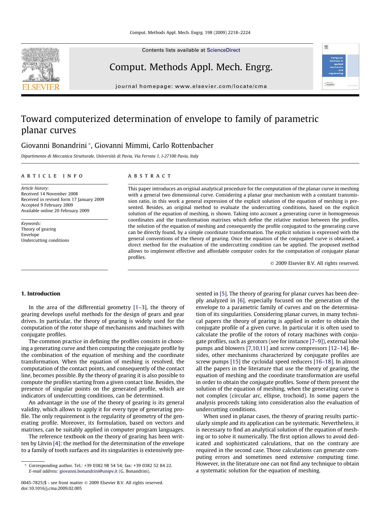 Toward computerized determination of envelope to family of parametric planar curves by Giovanni Bonandrini; Giovanni Mimmi; Carlo Rottenbacher
