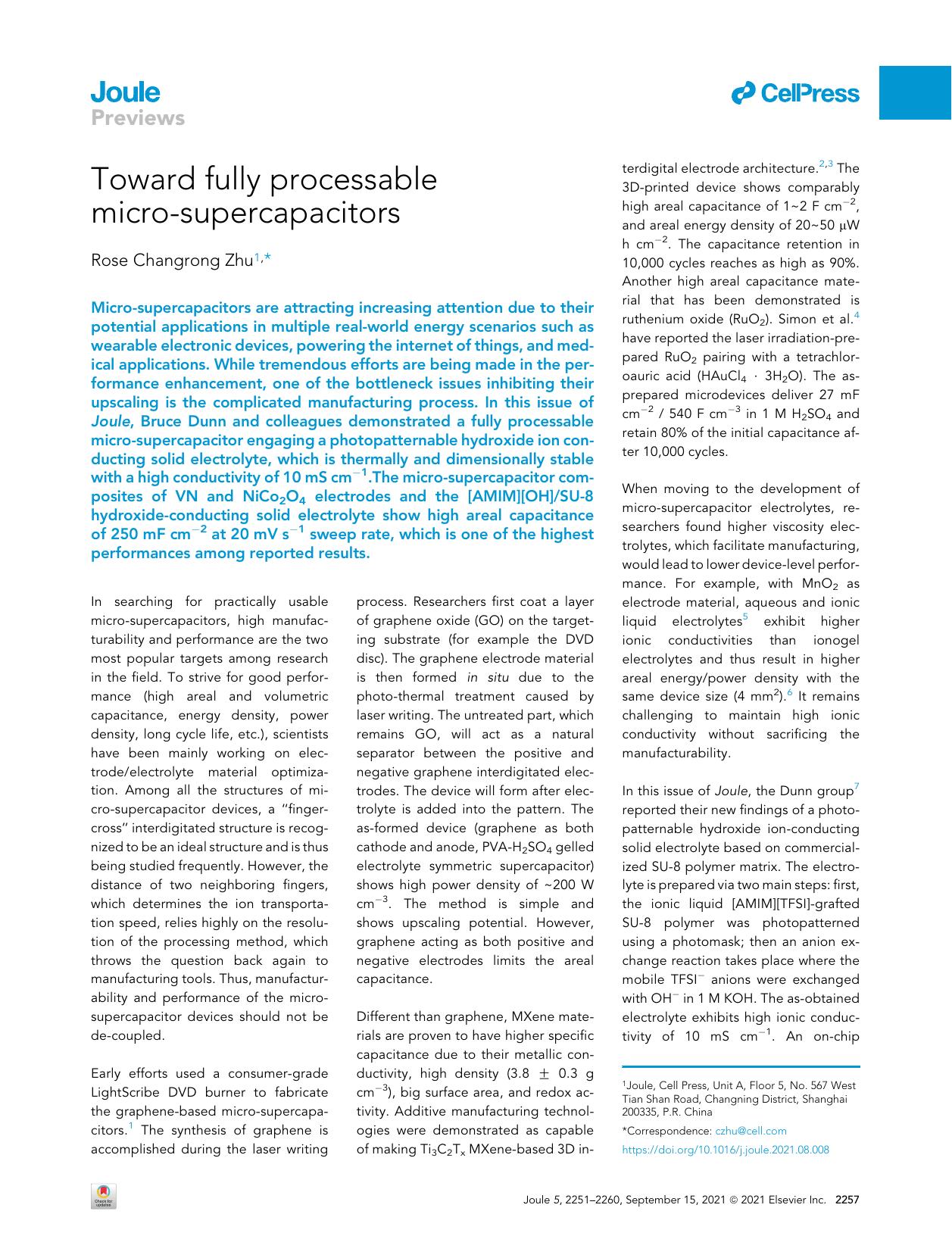 Toward fully processable micro-supercapacitors by Rose Changrong Zhu