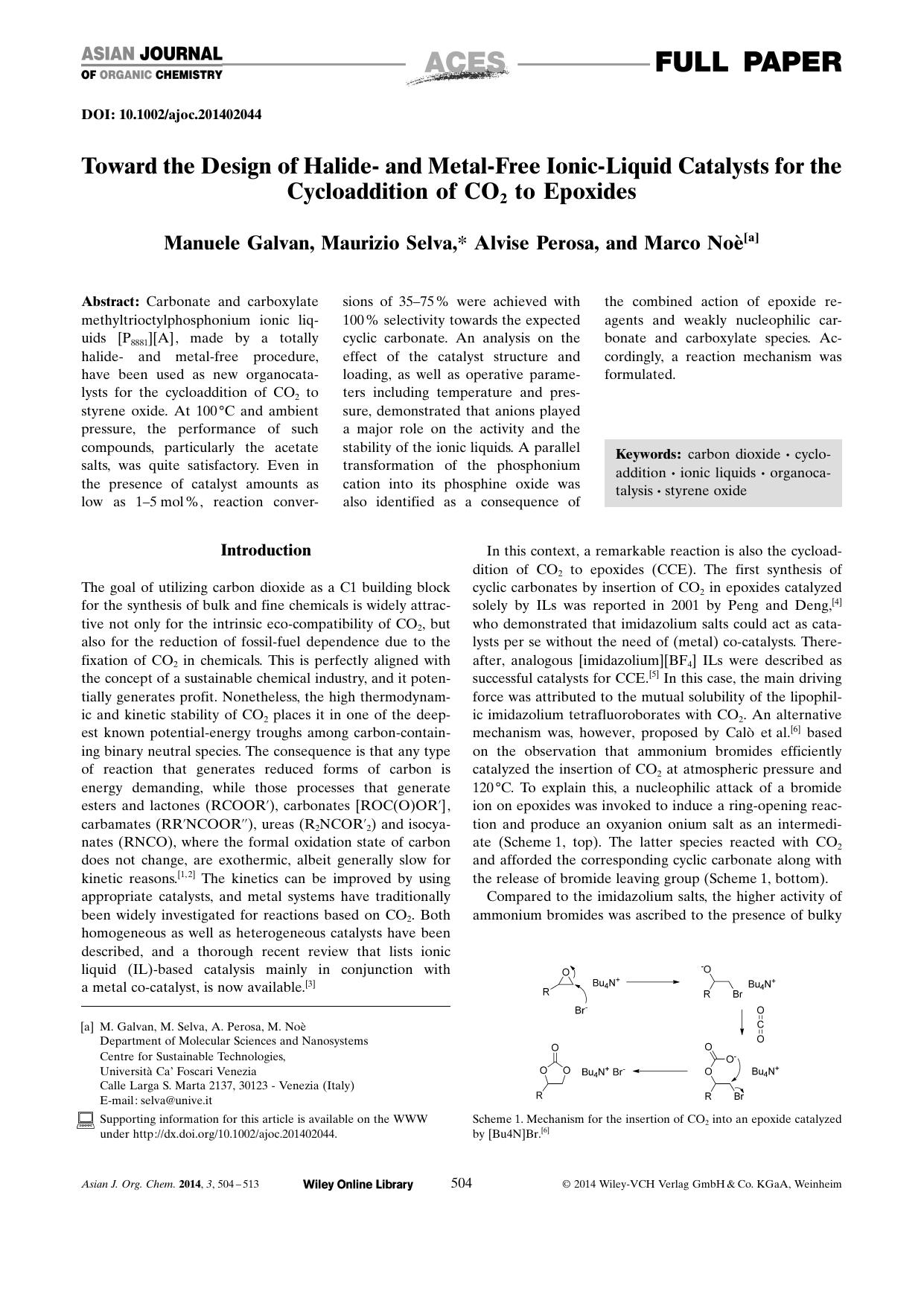 Toward the Design of Halide and MetalFree IonicLiquid Catalysts for the Cycloaddition of CO2 to Epoxides by Unknown