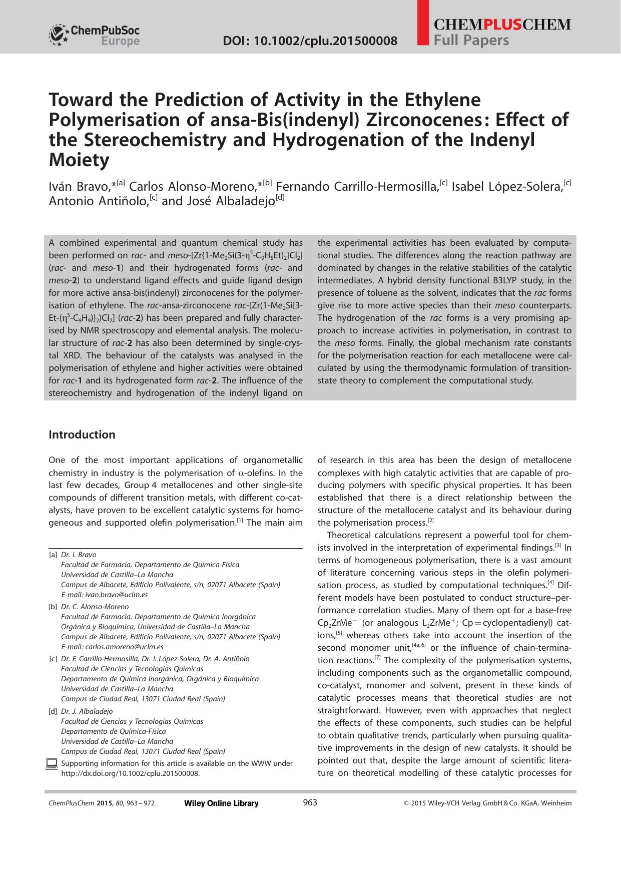 Toward the Prediction of Activity in the Ethylene Polymerisation of ansaBis(indenyl) Zirconocenes: Effect of the Stereochemistry and Hydrogenation of the Indenyl Moiety by Unknown