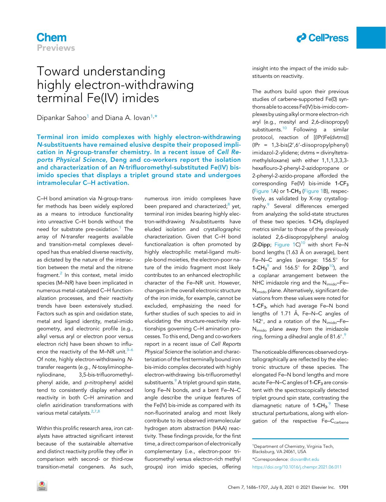Toward understanding highly electron-withdrawing terminal Fe(IV) imides by Dipankar Sahoo & Diana A. Iovan