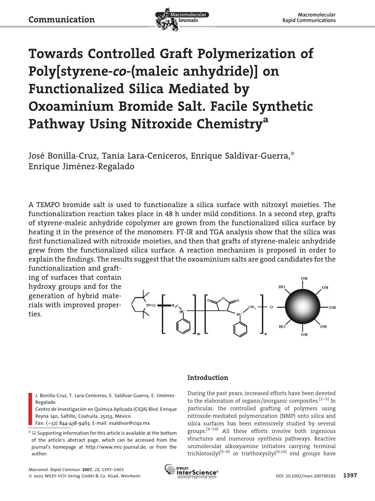 Towards Controlled Graft Polymerization of Poly[styrene-co-(maleic anhydride)] on Functionalized Silica Mediated by Oxoaminium Bromide Salt. Facile Synthetic Pathway Using Nitroxide Chemistry by Unknown
