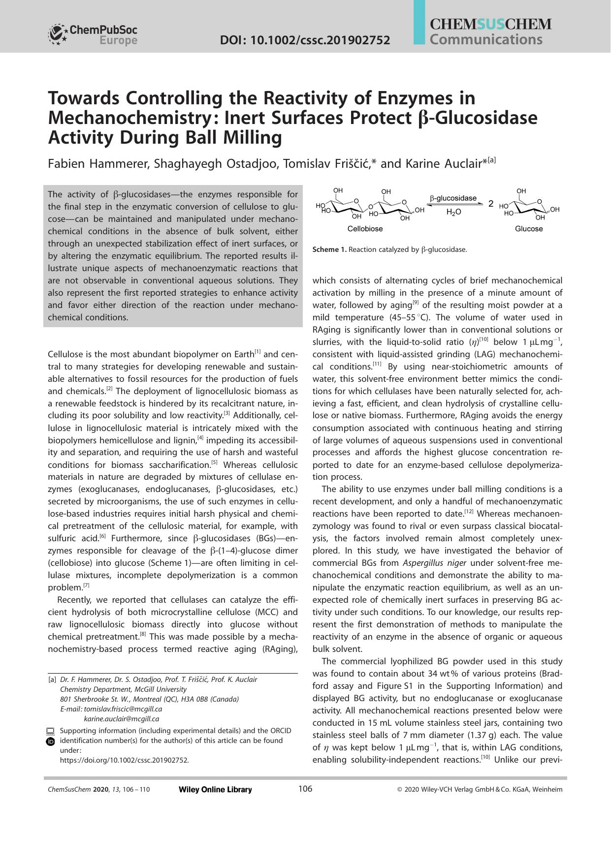 Towards Controlling the Reactivity of Enzymes in Mechanochemistry: Inert Surfaces Protect Î²âGlucosidase Activity During Ball Milling by Unknown