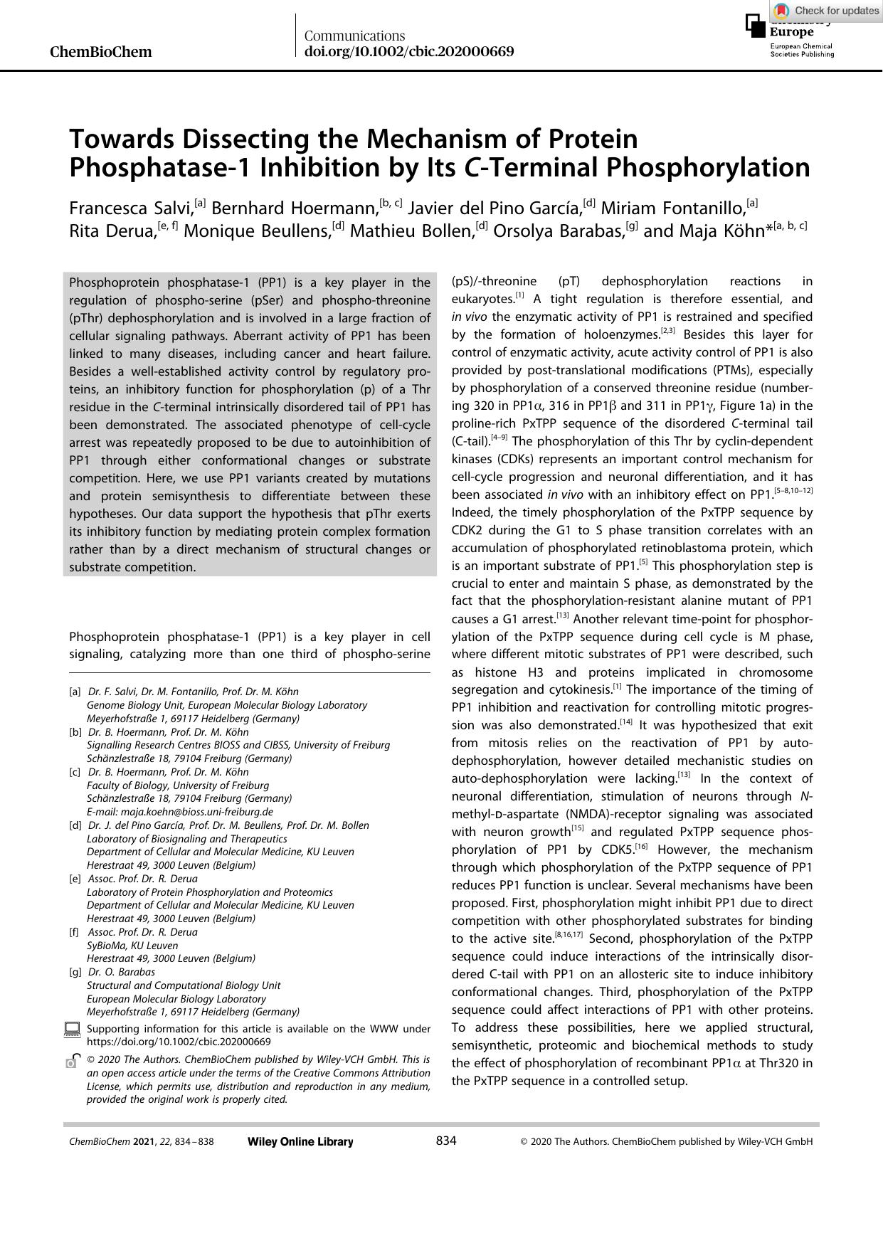 Towards Dissecting the Mechanism of Protein Phosphataseâ1 Inhibition by Its CâTerminal Phosphorylation by Unknown