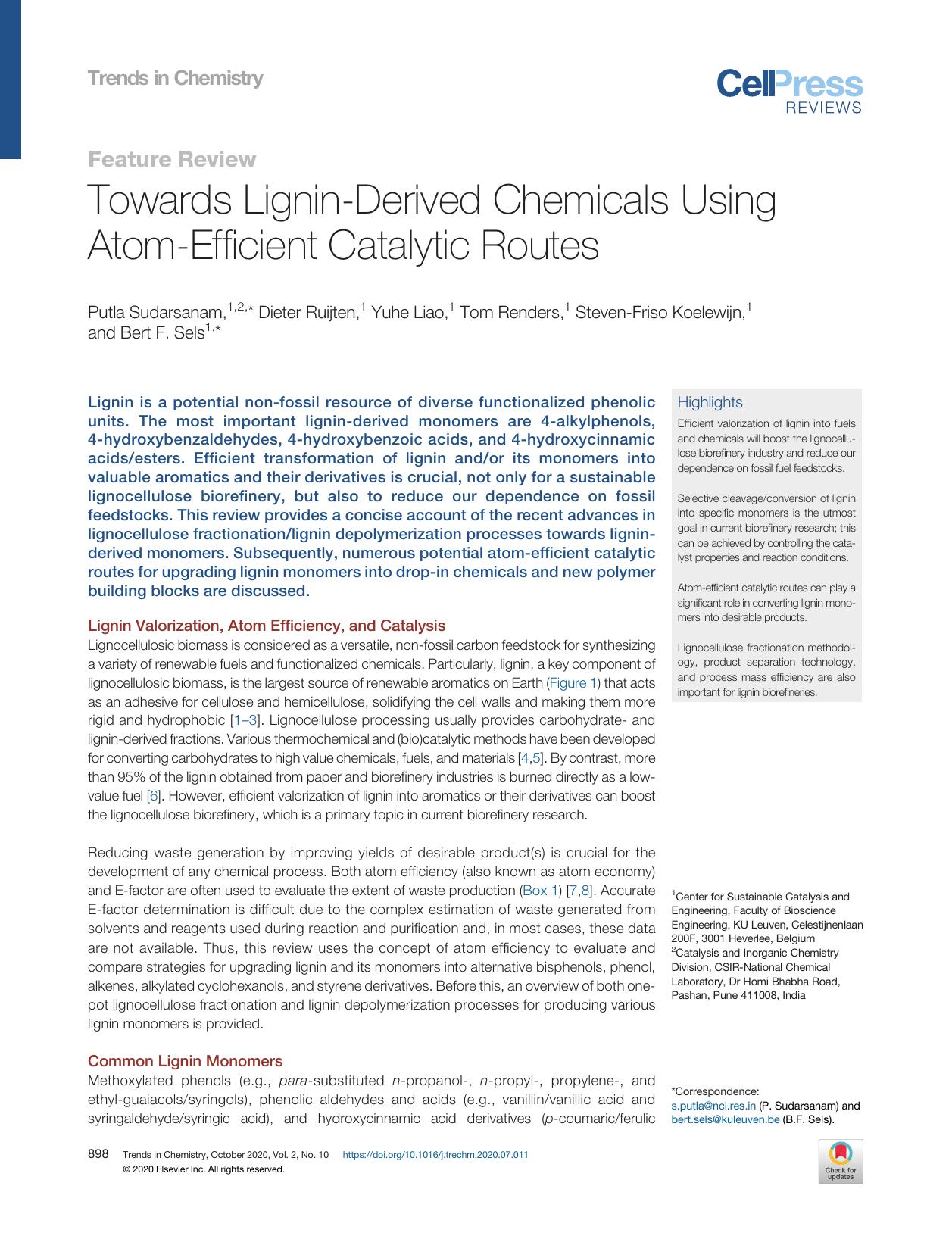Towards Lignin-Derived Chemicals Using Atom-Efficient Catalytic Routes by Putla Sudarsanam & Dieter Ruijten & Yuhe Liao & Tom Renders & Steven-Friso Koelewijn & Bert F. Sels