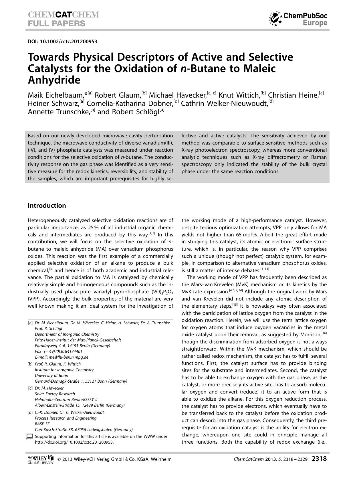 Towards Physical Descriptors of Active and Selective Catalysts for the Oxidation of nButane to Maleic Anhydride by Unknown