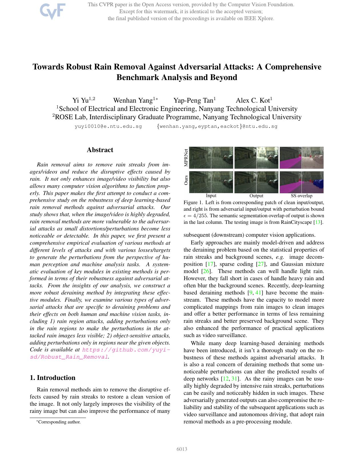 Towards Robust Rain Removal Against Adversarial Attacks: A Comprehensive Benchmark Analysis and Beyond by Yi Yu & Wenhan Yang & Yap-Peng Tan & Alex C. Kot