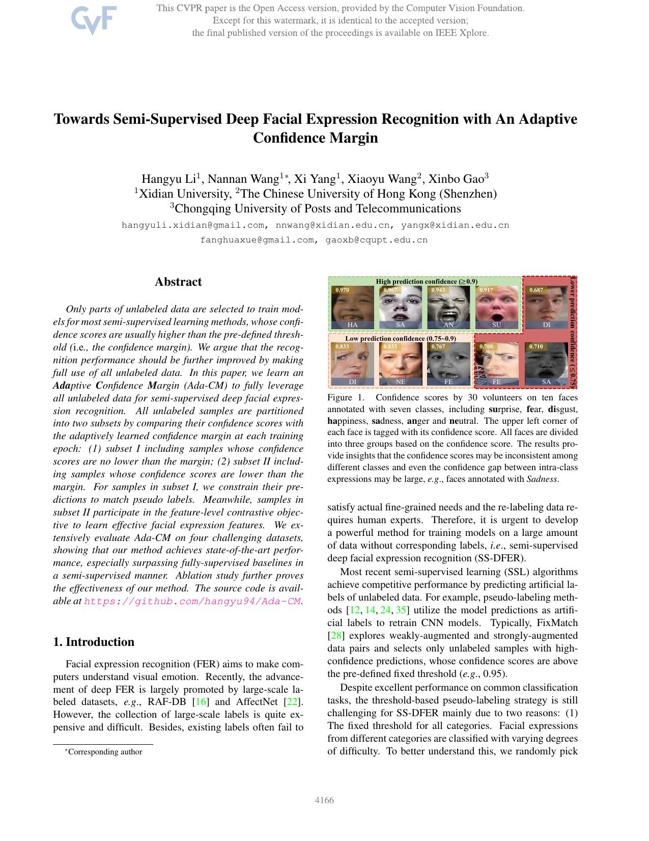 Towards Semi-Supervised Deep Facial Expression Recognition With an Adaptive Confidence Margin by Hangyu Li & Nannan Wang & Xi Yang & Xiaoyu Wang & Xinbo Gao