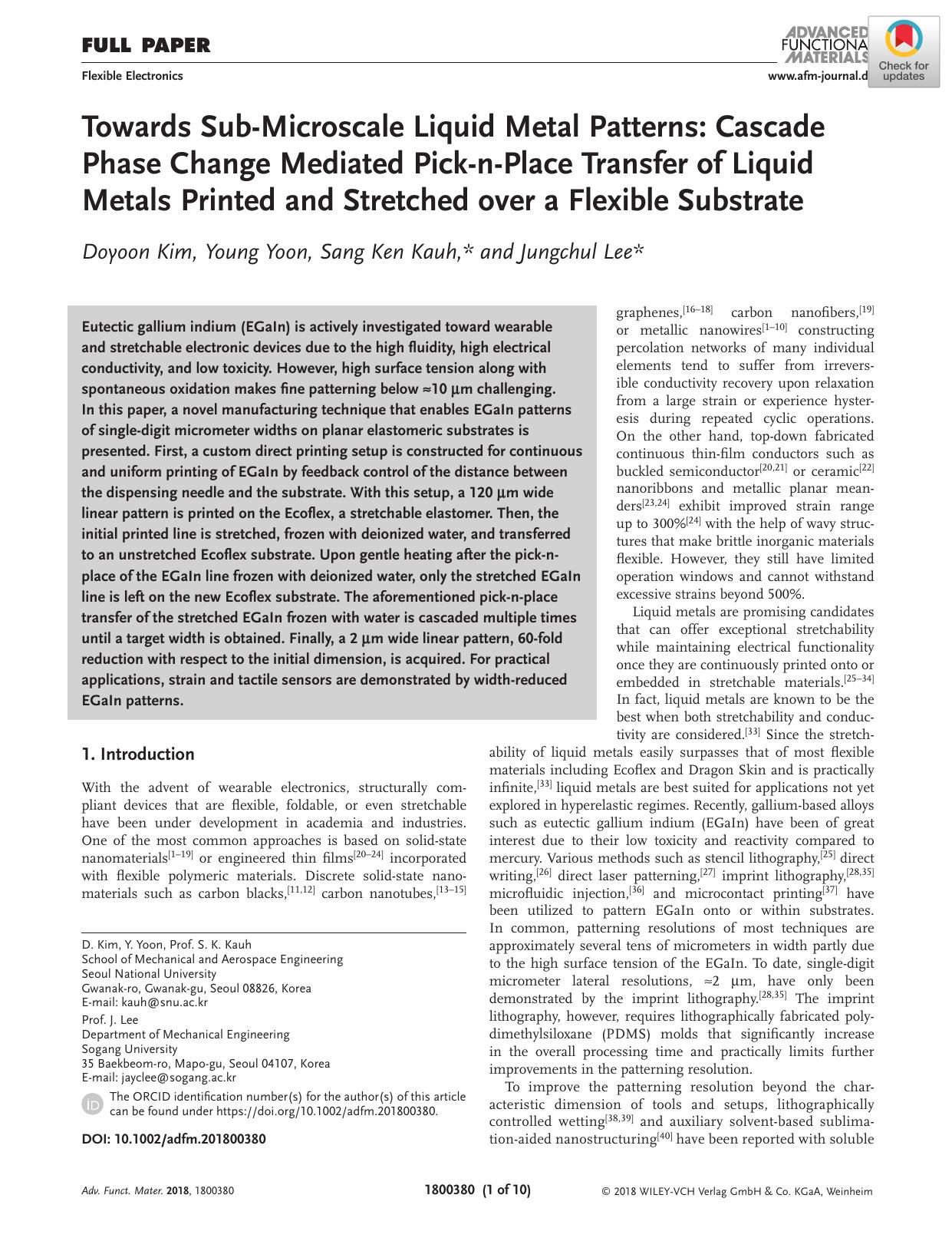 Towards SubâMicroscale Liquid Metal Patterns: Cascade Phase Change Mediated PickânâPlace Transfer of Liquid Metals Printed and Stretched over a Flexible Substrate by Unknown