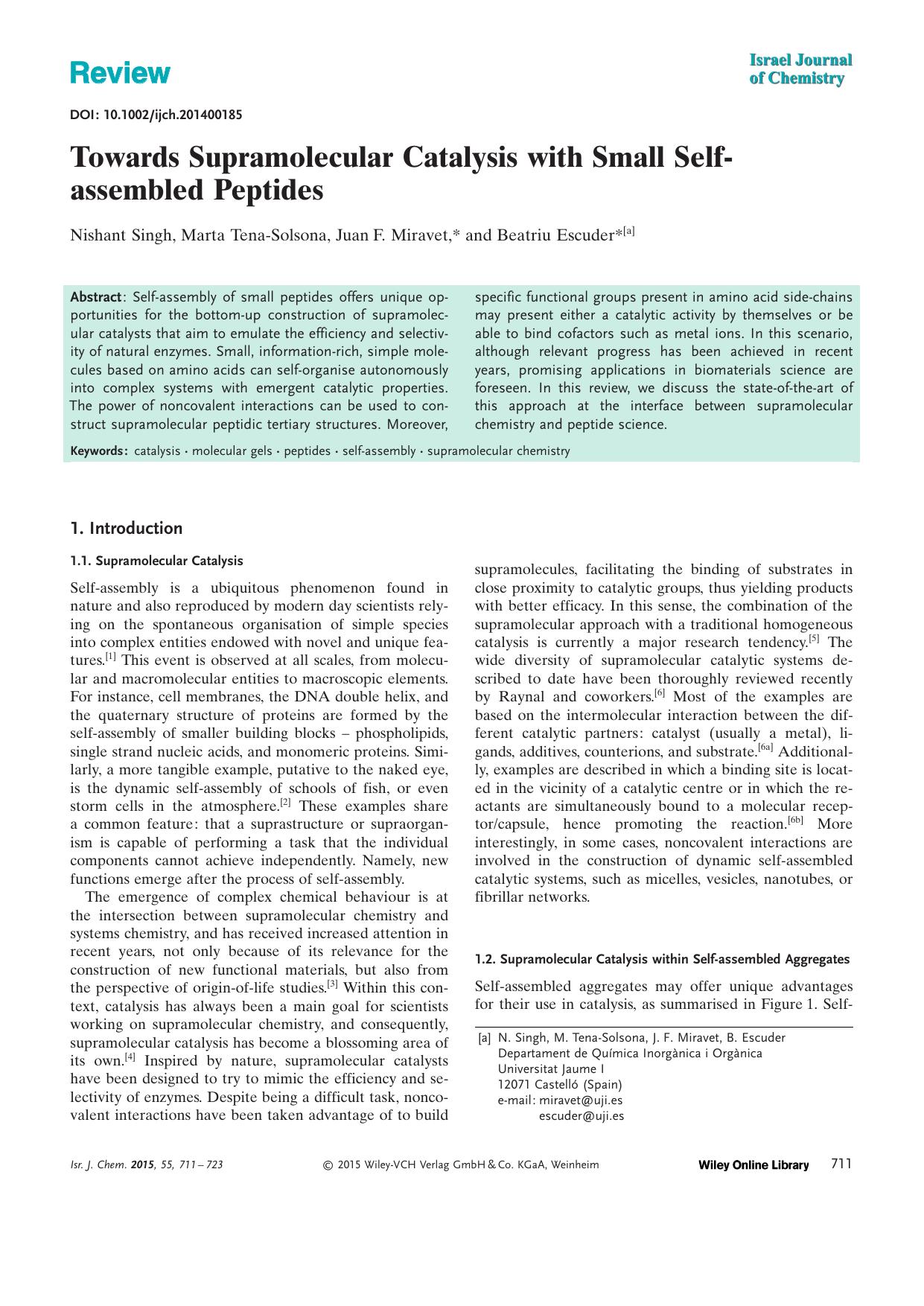 Towards Supramolecular Catalysis with Small Selfassembled Peptides by Unknown