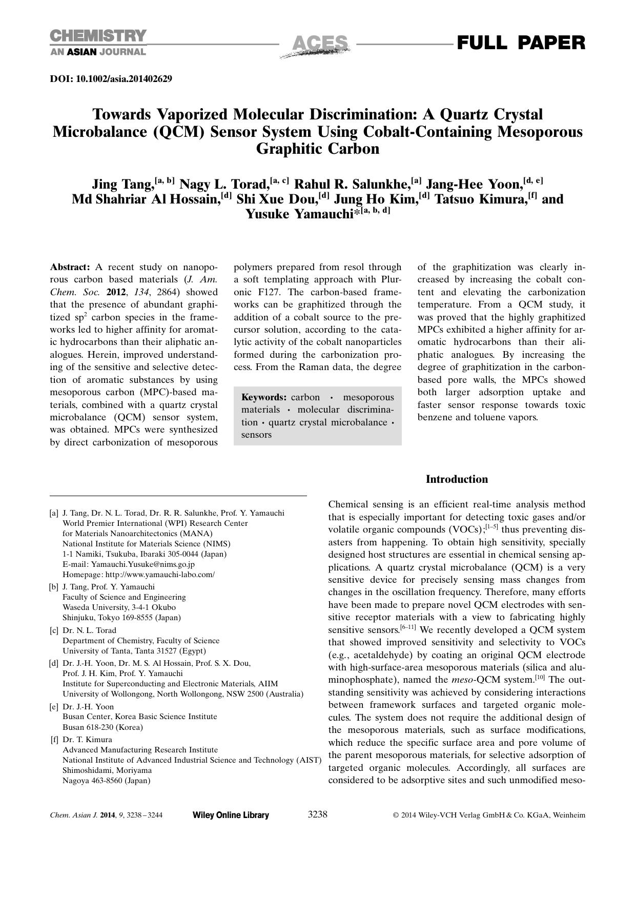 Towards Vaporized Molecular Discrimination: A Quartz Crystal Microbalance (QCM) Sensor System Using CobaltContaining Mesoporous Graphitic Carbon by Unknown