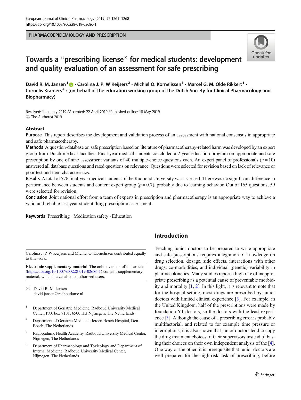 Towards a âprescribing licenseâ for medical students: development and quality evaluation of an assessment for safe prescribing by unknow