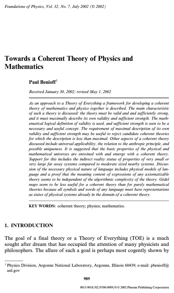 Towards a Coherent Theory of Physics and Mathematics by Unknown