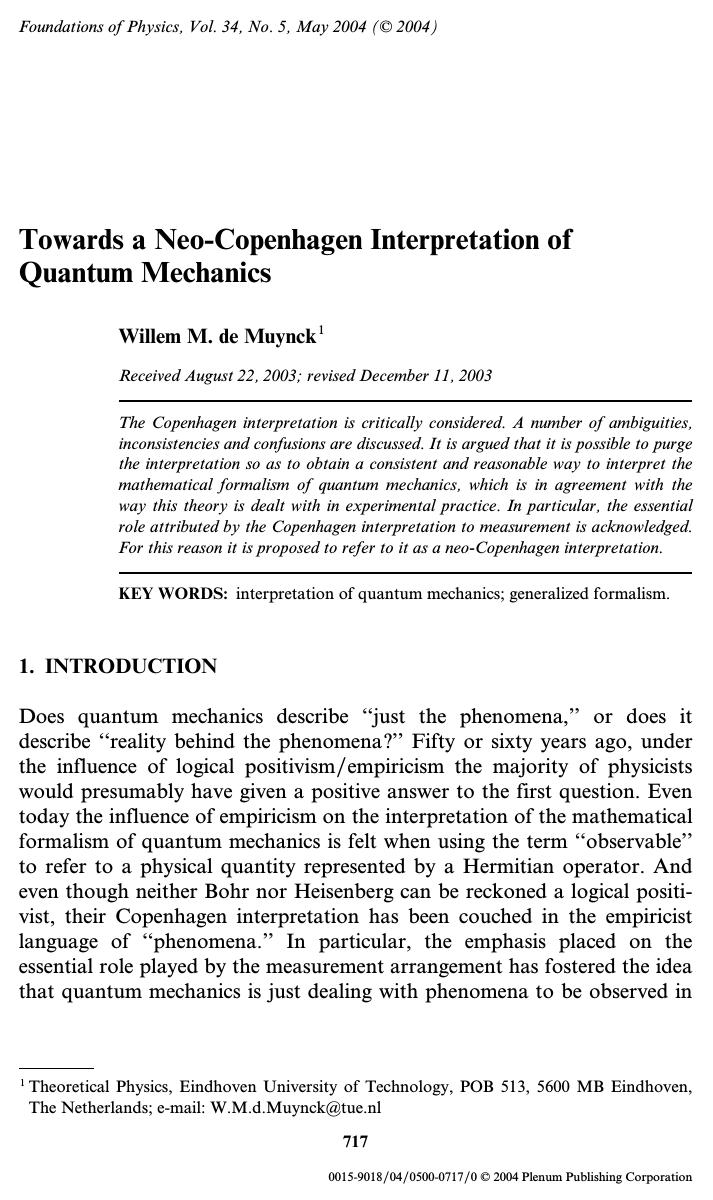 Towards a Neo-Copenhagen Interpretation of Quantum Mechanics by Unknown