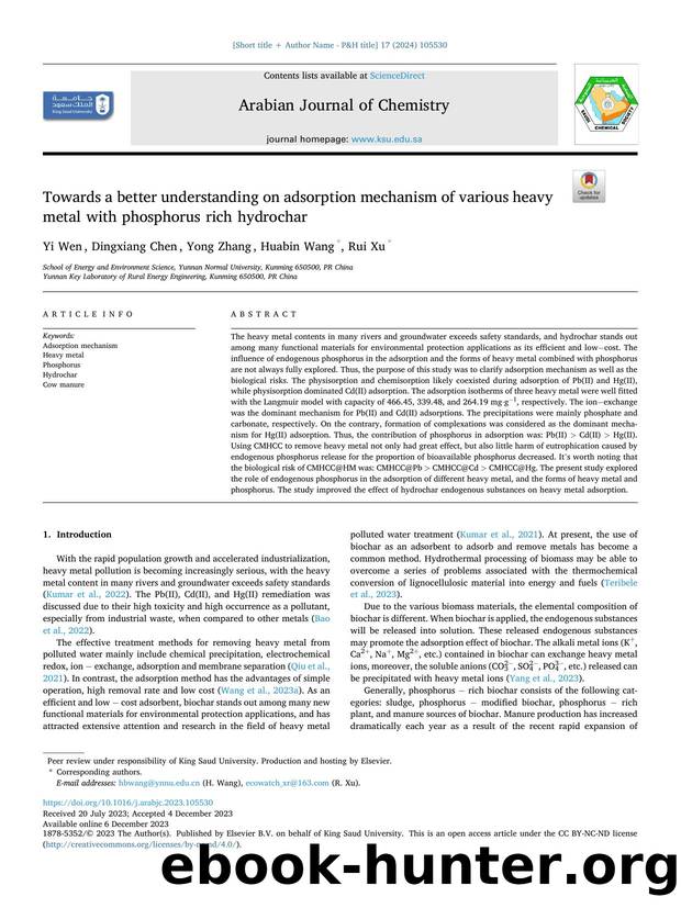 Towards a better understanding on adsorption mechanism of various heavy metal with phosphorus rich hydrochar by Yi Wen & Dingxiang Chen & Yong Zhang & Huabin Wang & Rui Xu