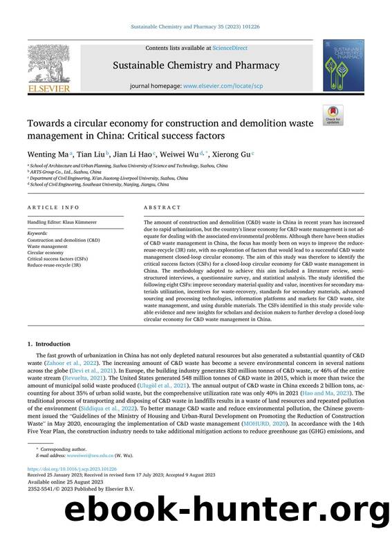 Towards a circular economy for construction and demolition waste management in China: Critical success factors by Wenting Ma & Tian Liu & Jian Li Hao & Weiwei Wu & Xierong Gu