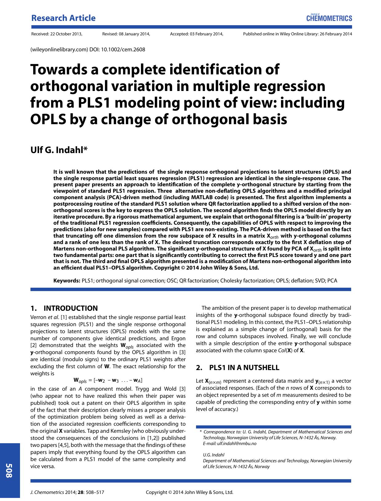Towards a complete identification of orthogonal variation in multiple regression from a PLS1 modeling point of view: including OPLS by a change of orthogonal basis by Unknown