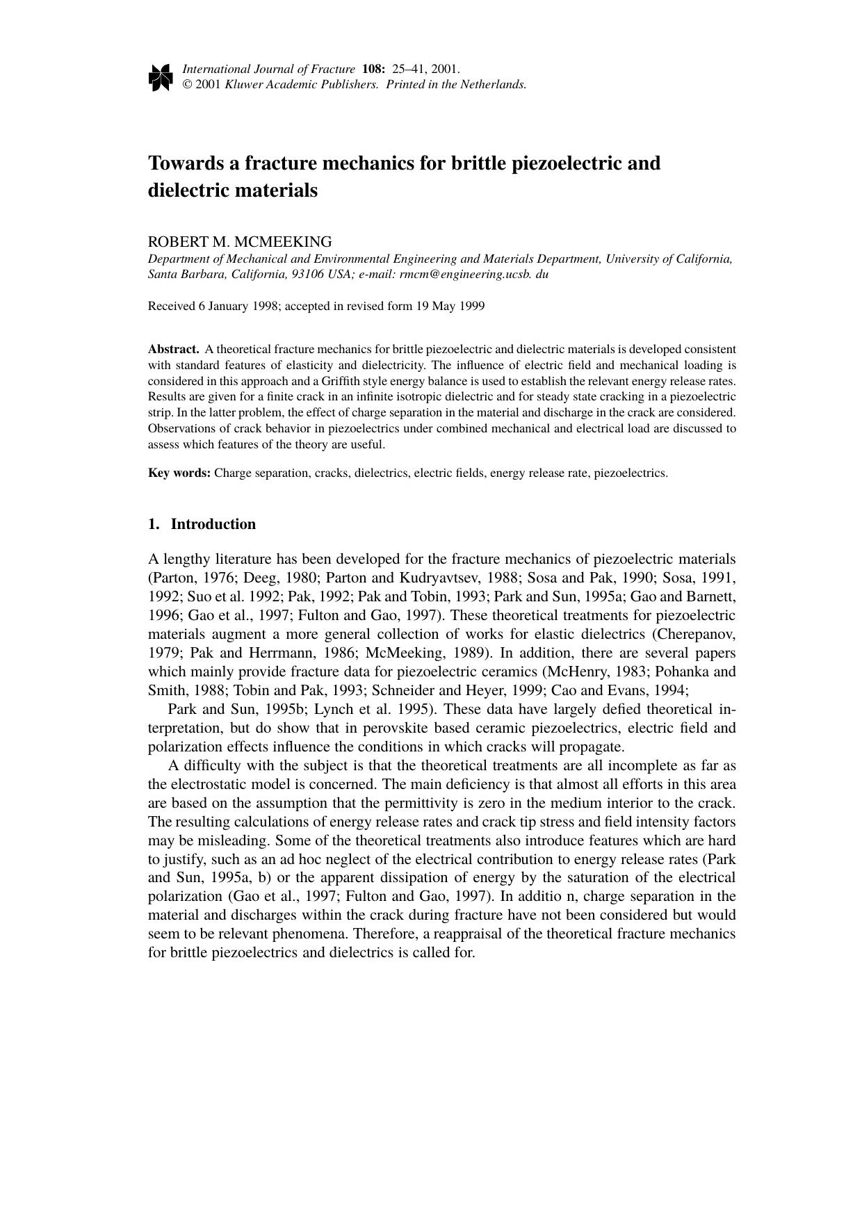 Towards a fracture mechanics for brittle piezoelectric and dielectric materials by Unknown