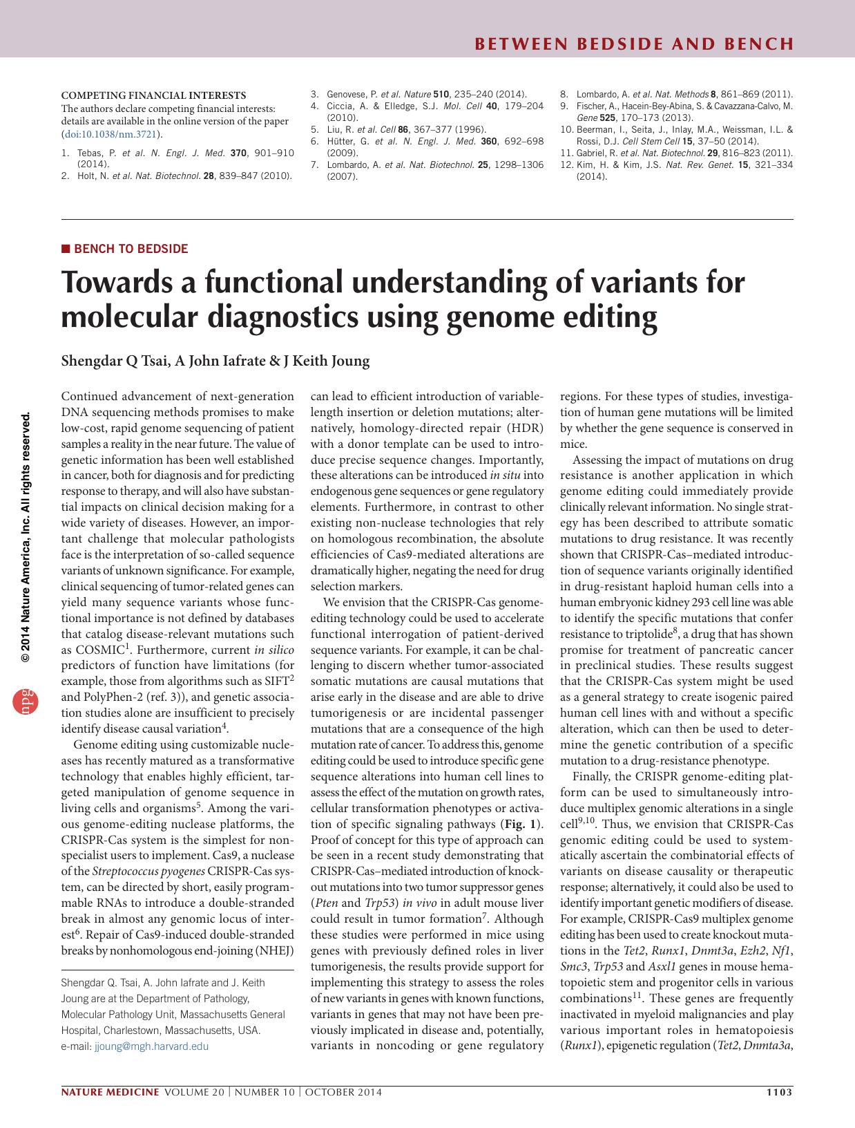 Towards a functional understanding of variants for molecular diagnostics using genome editing by Shengdar Q Tsai & A John Iafrate & J Keith Joung