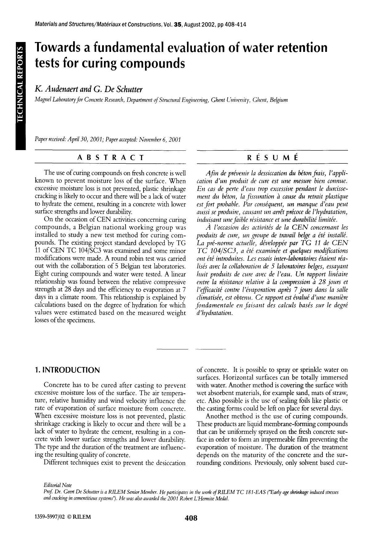 Towards a fundamental evaluation of water retention tests for curing compounds by Unknown