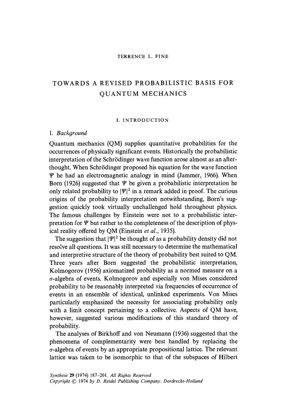 Towards a revised probabilistic basis for quantum mechanics by Unknown