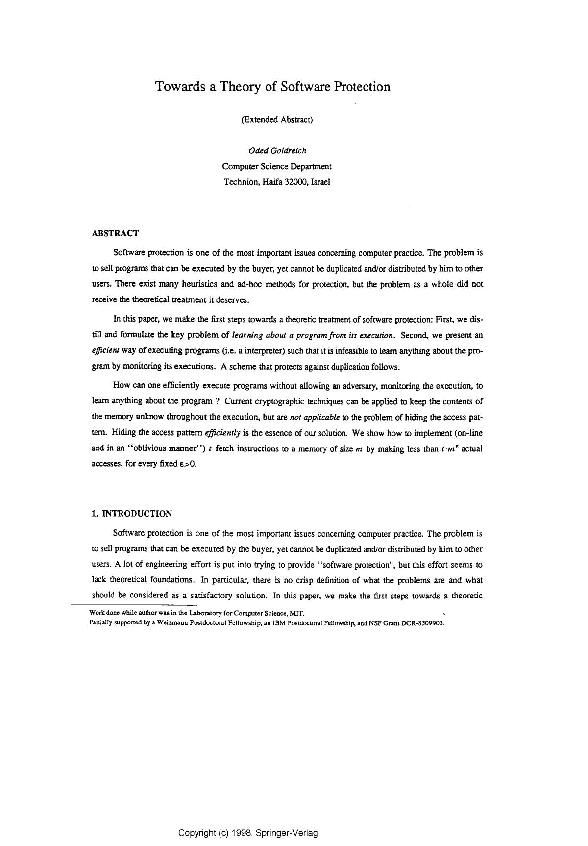 Towards a theory of software protection by Goldreich O