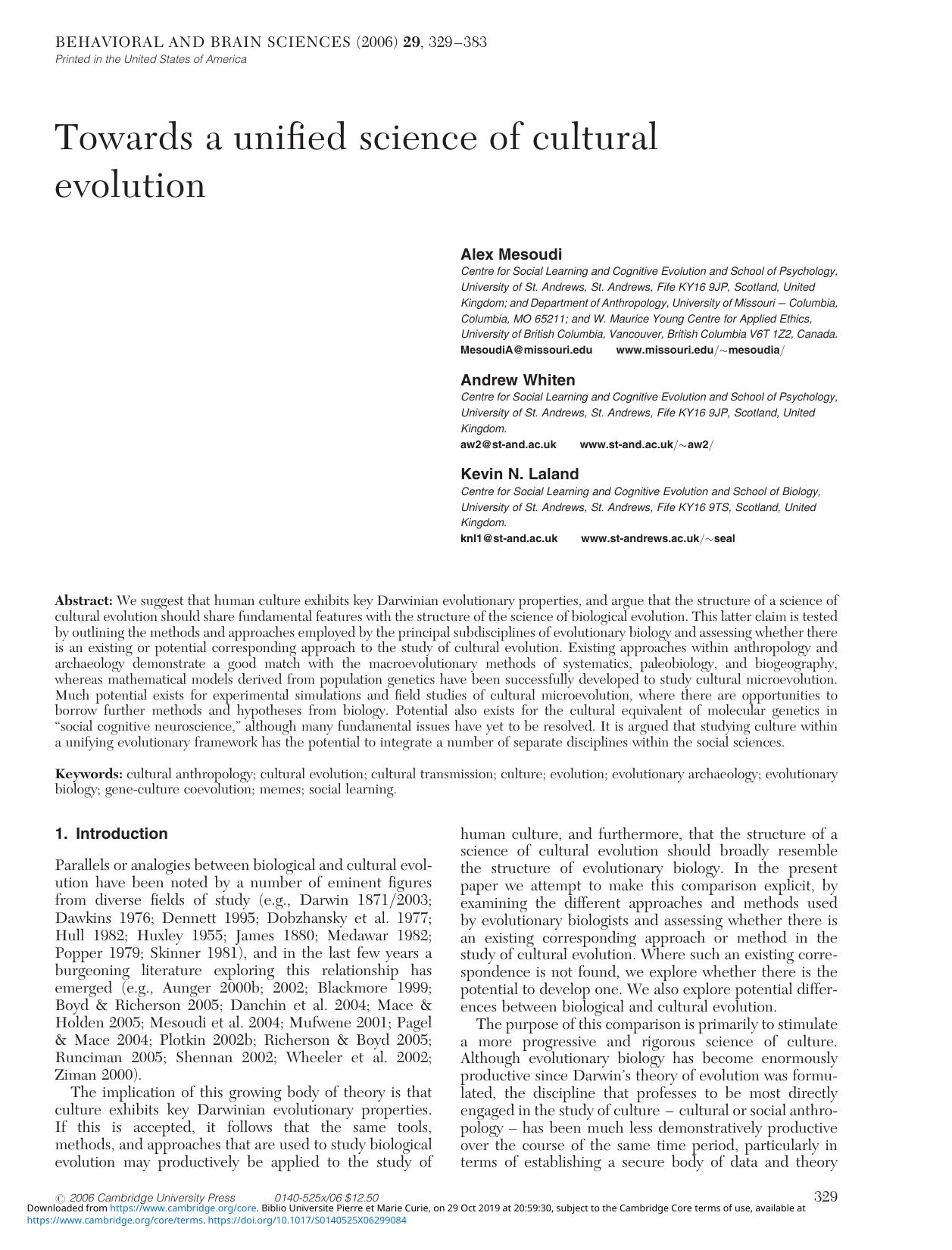 Towards a unified science of cultural evolution by Alex Mesoudi Andrew Whiten Kevin N. Laland