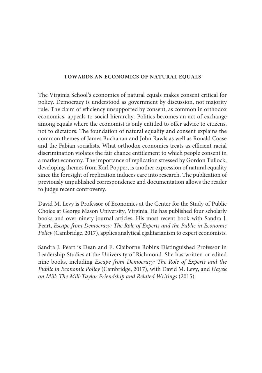 Towards an Economics of Natural Equals: A Documentary History of the Early Virginia School by David M. Levy Sandra J. Peart