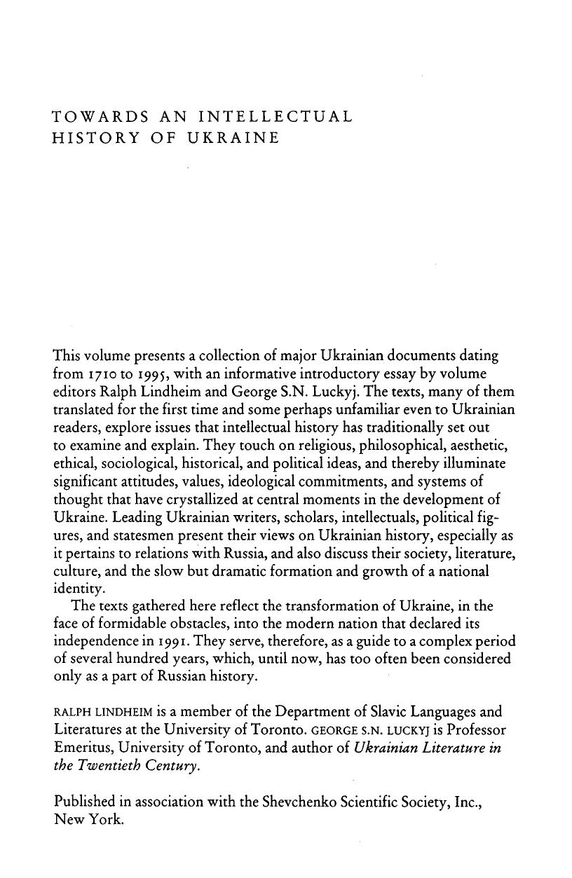 Towards an Intellectual History of Ukraine. An Anthology of Ukrainian thought from 1710 to 1995 by Ralph Lindheim George S.N. Luckyj
