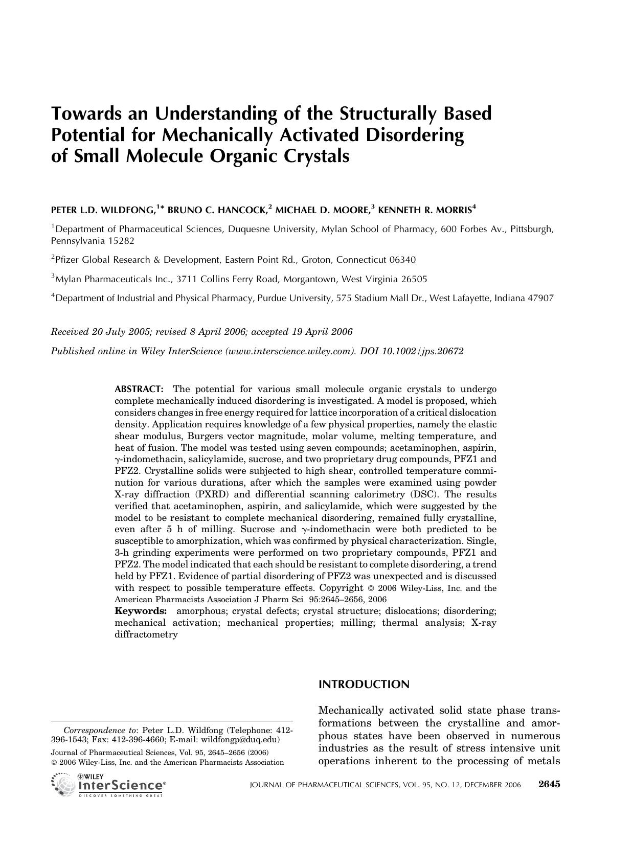 Towards an understanding of the structurally based potential for mechanically activated disordering of small molecule organic crystals by Unknown