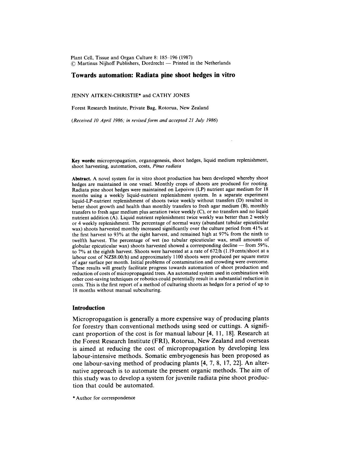 Towards automation: Radiata pine shoot hedges in vitro by Unknown