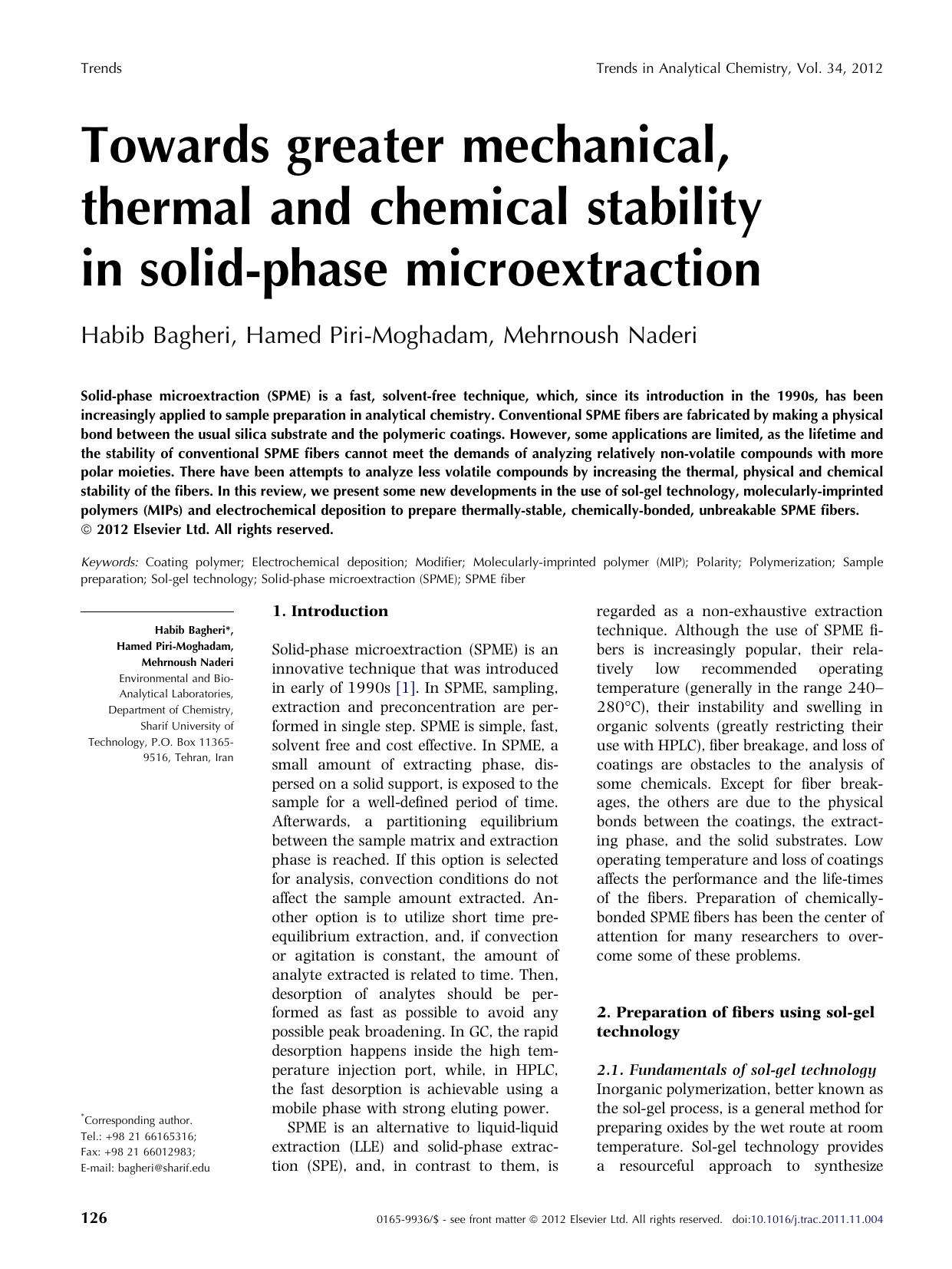 Towards greater mechanical, thermal and chemical stability in solid-phase microextraction by Habib Bagheri & Hamed Piri-Moghadam & Mehrnoush Naderi