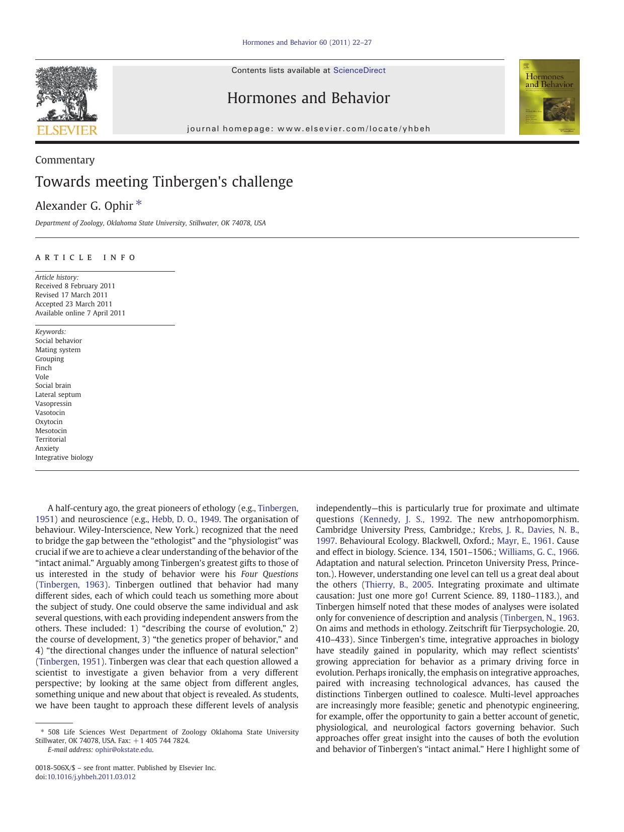 Towards meeting Tinbergen's challenge by Alexander G. Ophir
