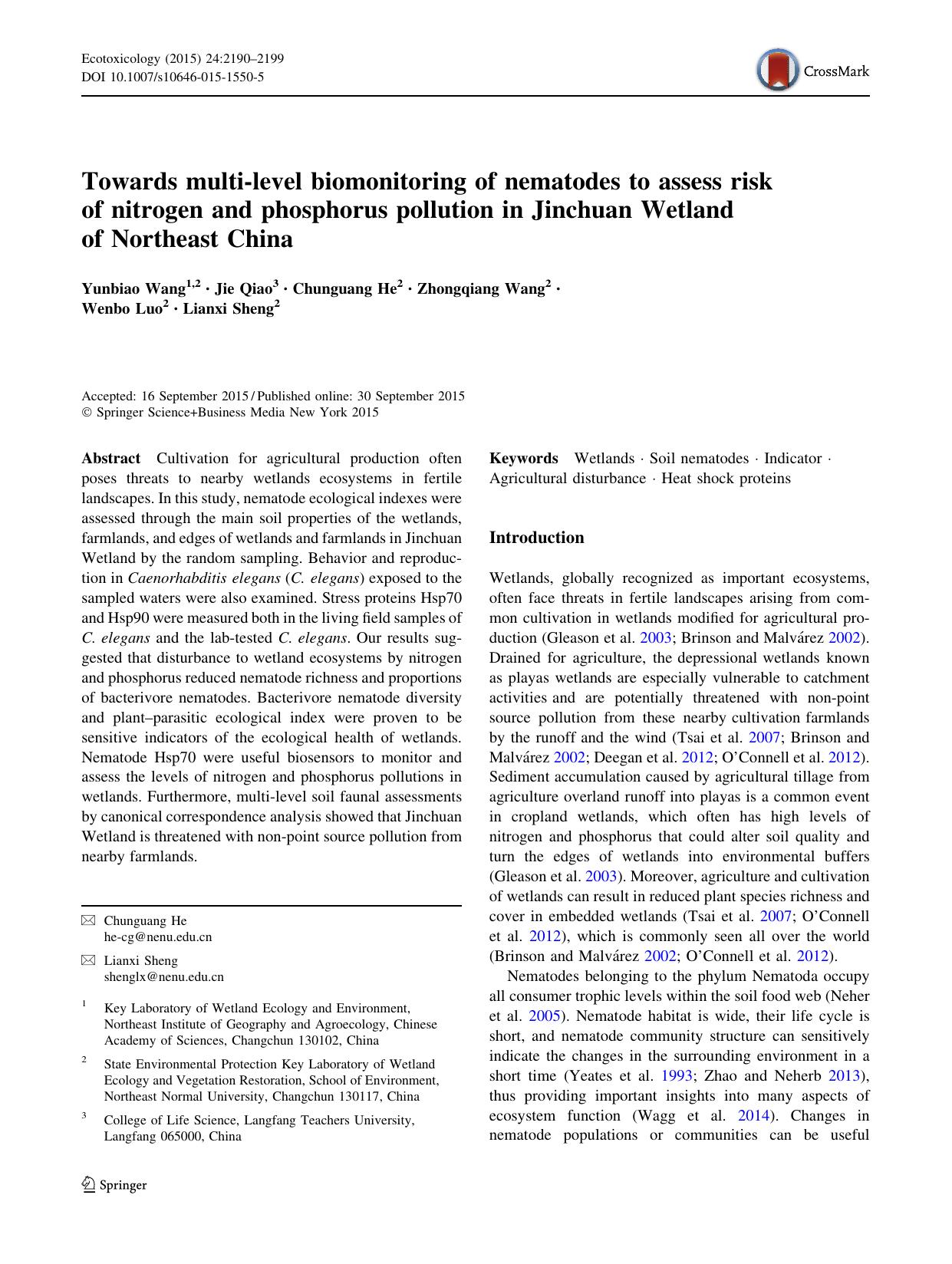 Towards multi-level biomonitoring of nematodes to assess risk of nitrogen and phosphorus pollution in Jinchuan Wetland of Northeast China by Yunbiao Wang & Jie Qiao & Chunguang He & Zhongqiang Wang & Wenbo Luo & Lianxi Sheng