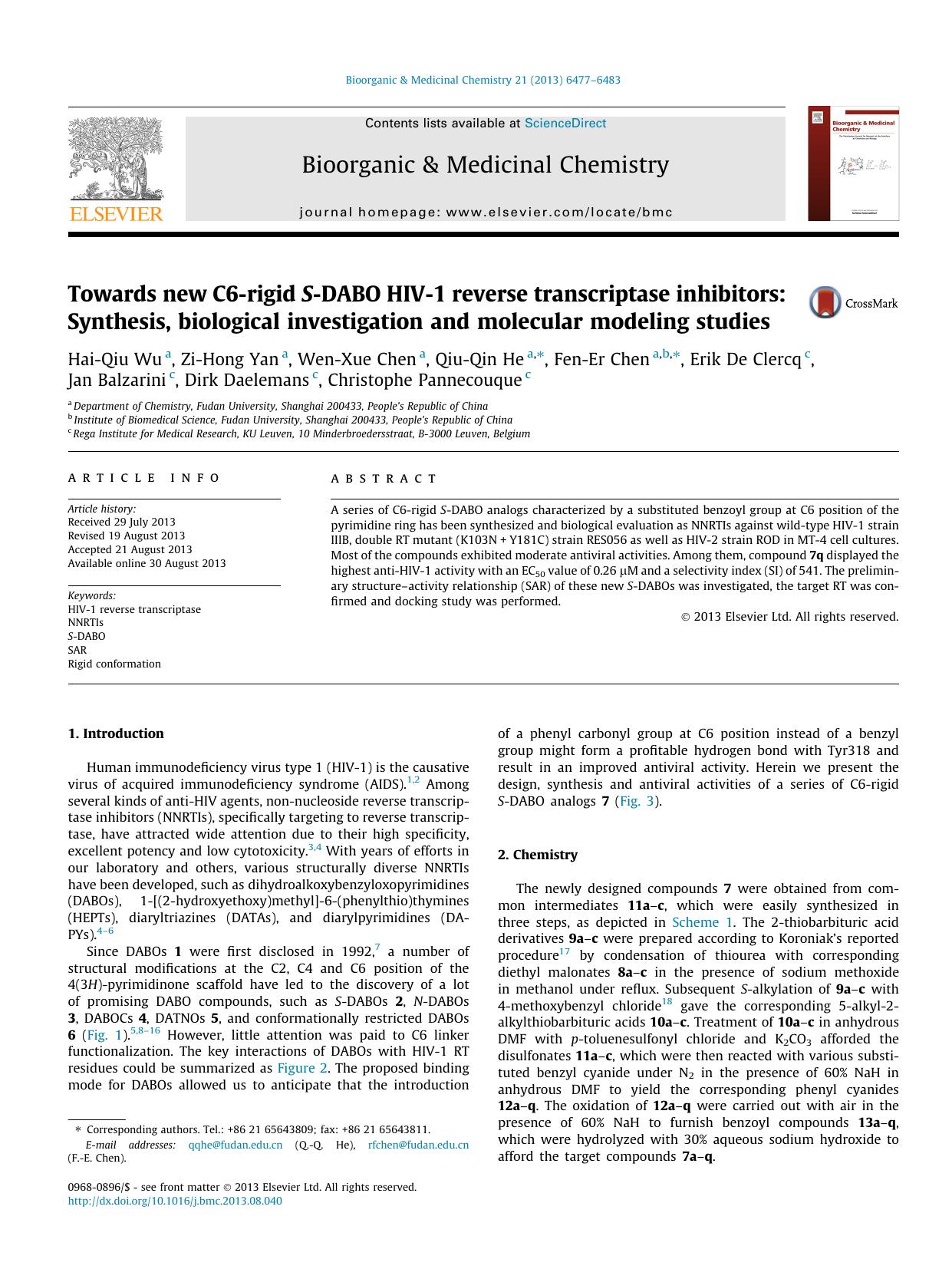 Towards new C6-rigid S-DABO HIV-1 reverse transcriptase inhibitors: Synthesis, biological investigation and molecular modeling studies by unknow