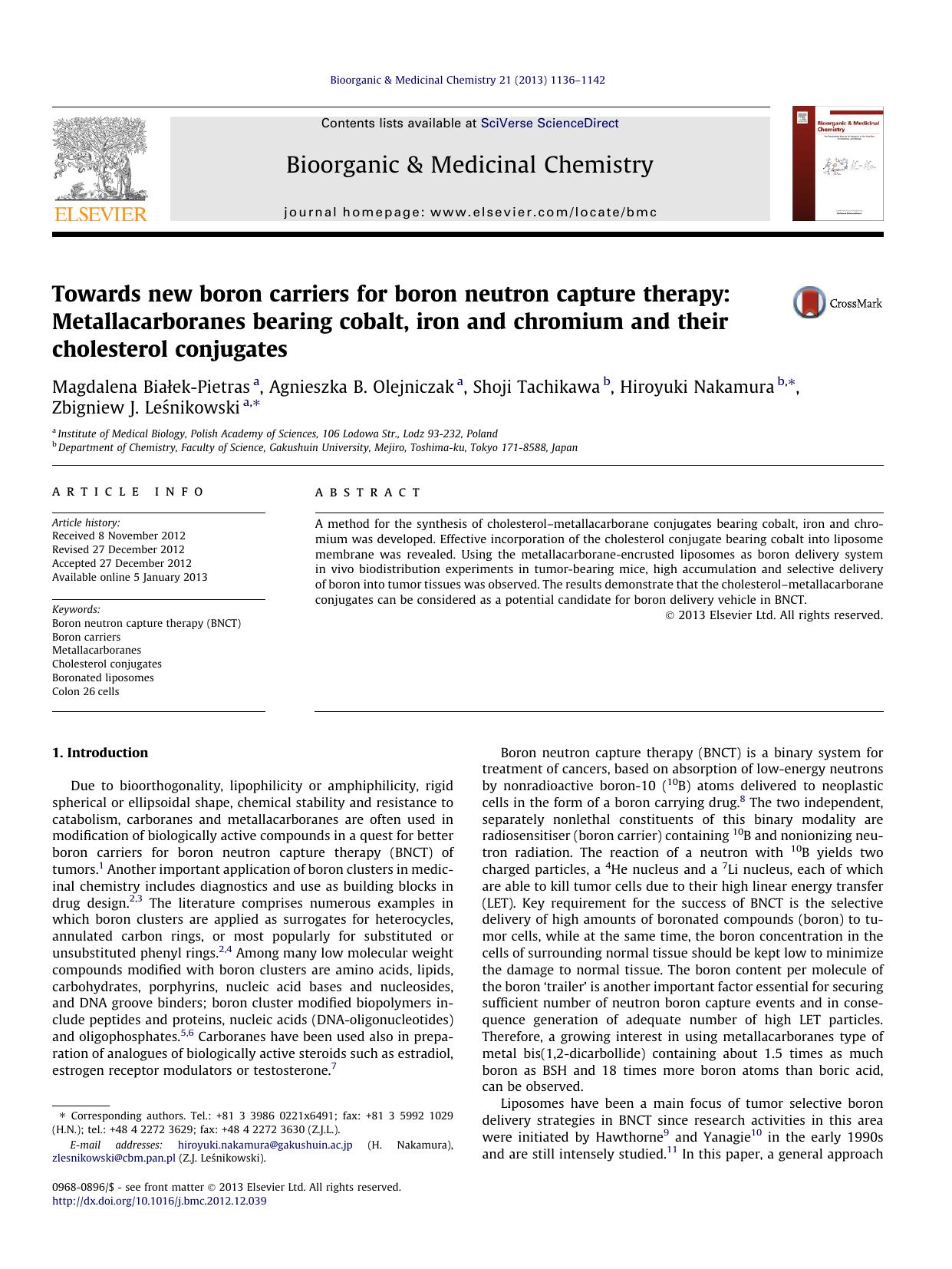 Towards new boron carriers for boron neutron capture therapy: Metallacarboranes bearing cobalt, iron and chromium and their cholesterol conjugates by unknow