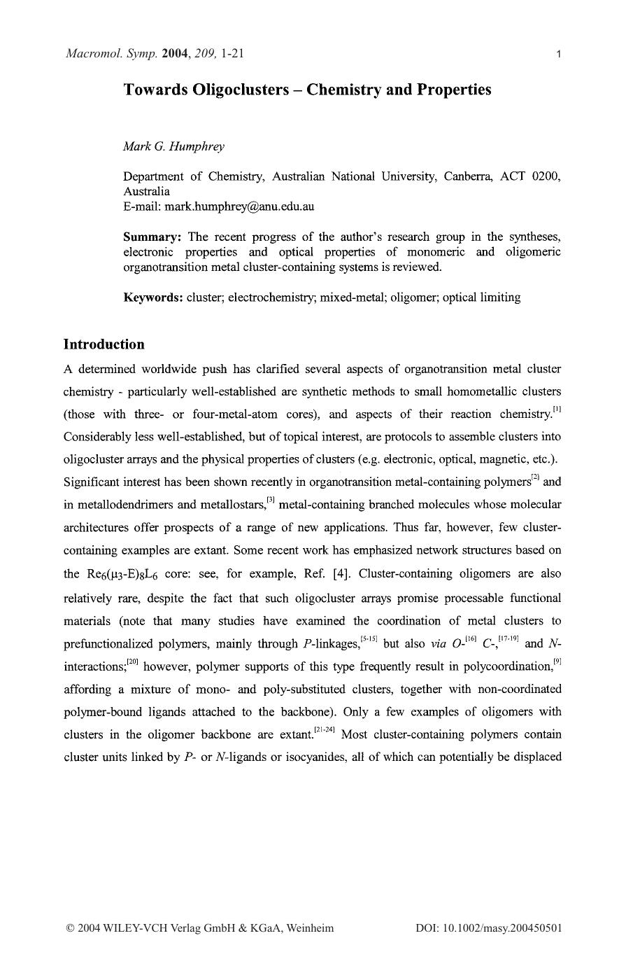Towards oligoclusters - chemistry and properties by Unknown